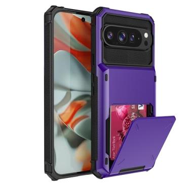 Imagem de SORAKA Capa para Google Pixel 9 Pro com suporte para cartão PC TPU 2 em 1 capa bumper de camada dupla à prova de choque pode conter 5 cartões roxos
