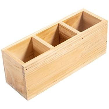 Imagem de Useekoo Porta-lápis de madeira, organizador de canetas de madeira rústico para mesa, 3 compartimentos, suporte de controle remoto durável multiuso para casa, mesa, escritório e escola (24 cm x 8 cm x 8 cm)