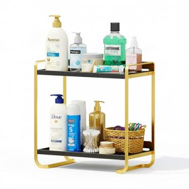 Imagem de Organizador de balcão de banheiro de aço carbono preto e dourado de 2 camadas - Bandeja de exibição cosmética para perfume, banheiro, cafeteria e armazenamento de toucador - Organizador moderno de