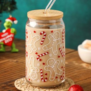 Imagem de Copos de vidro de Natal 473 ml Copos de café gelado com tampas e canudos, copos de bebida, decoração de garrafas de água de vidro, presente para mulheres, crianças, homens, bons, latas de cerveja