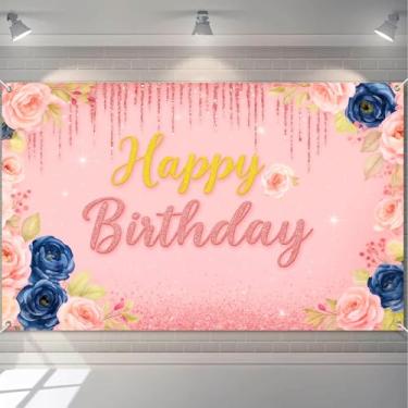 Imagem de HOMETITUTE Banner vintage feliz aniversário rosa floral glitter rosa azul marinho flores elegante script feriado evento decoração aniversário festa interior fundo exterior 180 x 109 centímetros