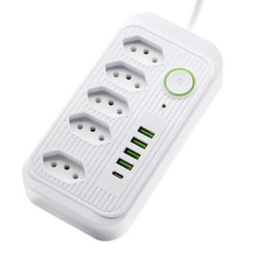 Imagem de Filtro de Linha 5 Tomadas Padrão Brasileiro 4 USB 1 USB-C Cabo 2m 2500W Bivolt