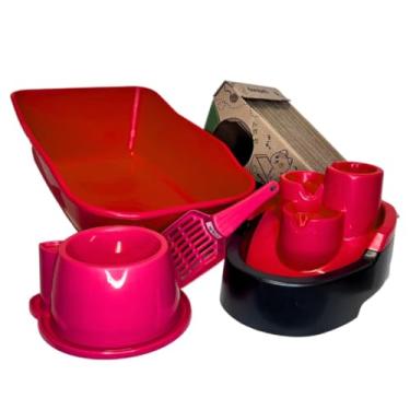 Imagem de Caixa de Areia Para Gatos Bebedouro Fonte Cascata Rosa + Arranhador Comedouro Antiformiga Kit Completo