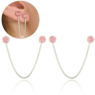 Imagem de Brincos Duplo Conexão Zirconia Corrente Venezina Prata Rosa - Lojas La