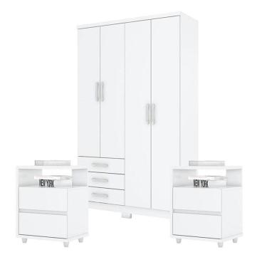 Imagem de Guarda Roupa Solteiro Caju 4 Portas com Kit Mesa de Cabeceira Campeche Branco - Henn