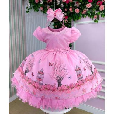 Imagem de Vestido Infantil Menina Bonita Bosque Encantado Rosa - Tecido Tafetá, 