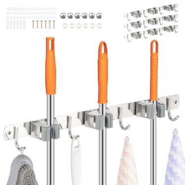 Imagem de 3 peças suporte de parede para esfregão e vassoura, organizador de ferramentas de armazenamento de esfregão e vassoura, aço inoxidável, resistente, organizador de ferramentas de cozinha, 3 prateleiras