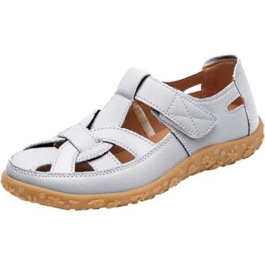 Imagem de Sandália feminina de couro, respirável, vazada, fechada, gladiador, praia, tira ajustável no tornozelo, Prata, 39 BR