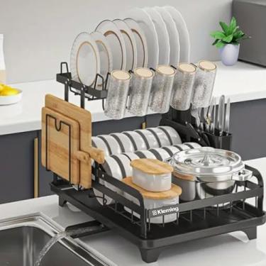 Imagem de KLEMING| Escorredor de Louças de Aço Carbono Inoxidável, Design Dobrável, Resistente à Ferrugem, Multifuncional para Bancada de Cozinha com Bandeja Drenagem automática, Antiderrapante, Preto.