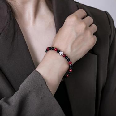 Imagem de Pulseira de contas feita à mão para homens e mulheres, cordão elástico com pedra natural e contas de destaque, joia de pulso ajustável, 7.68Inches, Obsidiana, Sem Pedra Preciosa