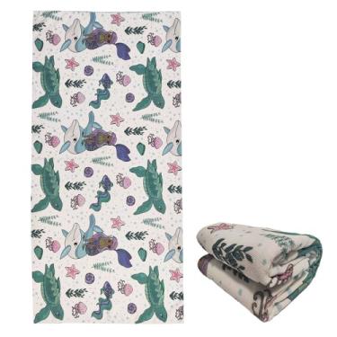 Imagem de stampringt Toalhas de praia brancas de sereia de tartaruga marinha extra grande para meninas adultas, tecido felpudo grosso de microfibra grande à prova de areia secagem rápida 76 x 152 cm
