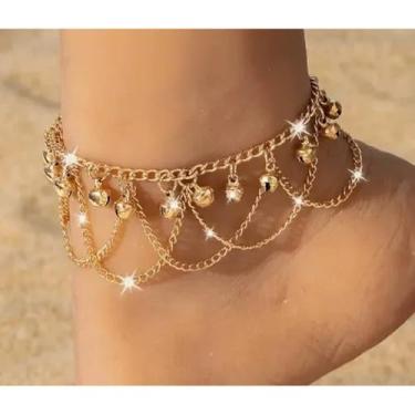 Imagem de Tornozeleira de ouro com borla de sino boêmio vintage com corrente cruzada em camadas para o verão à prova d'água dourada corrente de pé ornamento boho dança leve tornozeleira com elos pendurados