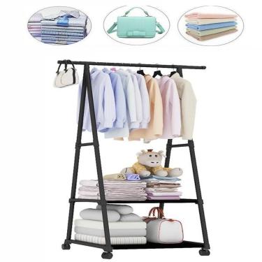 Imagem de Armario Portatil Roupas Arara 2 Prateleiras Carrinho Guarda Sapateira Rodinhas Organizador Preto