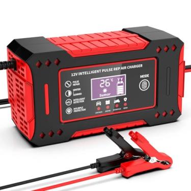 Imagem de Carregador de Bateria Inteligente 12V, LCD Digital, Pulso Reparador, Proteção Múltipla, para Carros e Motos, Vermelho e Preto