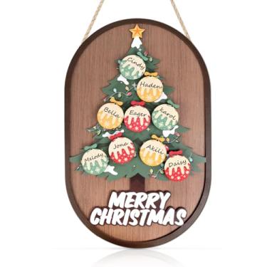 Imagem de LHIUEM Decoração de parede de árvore genealógica 3D Feliz Natal (25 x 38 cm) DIY nomes personalizados Feliz Natal arte de parede 9 peças bolas iluminadas nomes de membros da família presentes árvore