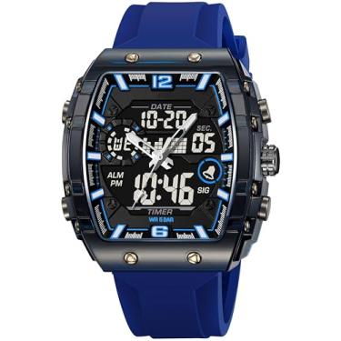 Imagem de Relógios masculinos modernos Tonneau Novidade Designer Elegante Relógio de Pulso com Alarme LED Dual Time 12/24H Calendário Colorido, Azul, Casual