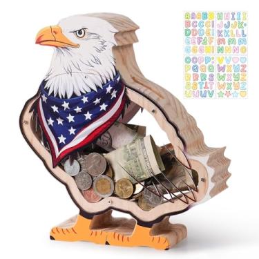 Imagem de Cofrinho de madeira de águia para crianças, cofrinho fofo, inquebrável, faça você mesmo, caixa de dinheiro segura personalizada com adesivos, presentes de batismo de aniversário para meninas e meninos