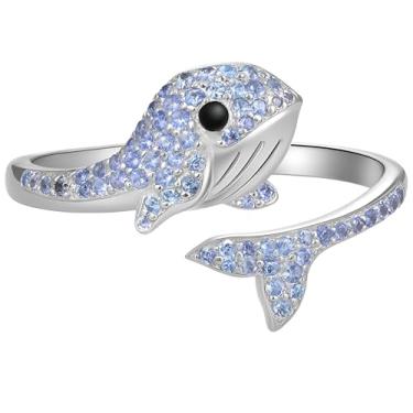 Imagem de SUPAC Anel de baleia de aço inoxidável com pedras de cristal azul, faixa ajustável aberta, tamanho de 1,5 cm, design de animal marinho, Adjustable, Aço inoxidável, Sem pedra preciosa