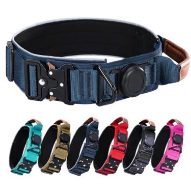 Imagem de Coleira para cães AirTag, coleira militar tática de 5 cm de largura com suporte para AirTag, alça de couro confortável e fivela de metal, coleiras refletivas, acolchoadas e resistentes com GPS para