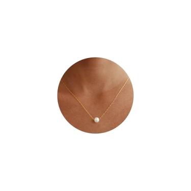 Imagem de Fimhut Colar de pérolas para mulheres, delicado banhado a ouro 14 K, colar de pérolas duplas simples, joias de ouro modernas para presentes femininos, Latão, Sem Pedra Preciosa