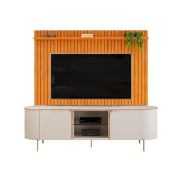 Imagem de Rack Bancada c/ Painel p/ TV até 65 Pol Pratic / Adele Ripado Portas e Nichos 223x240cm Cedro/Bali - DJ Móveis