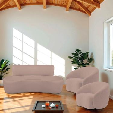 Imagem de Kit Recamier Curvo Amsterdã e 2 Poltronas Amore 3 Lugares 140cm Rosê Linho Liso