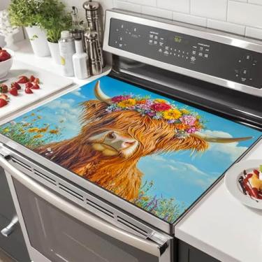 Imagem de HOMETITUTE Capa superior de fogão de vaca Highland para decoração de cozinha de diatomita elétrica de 71 x 50 cm, protetor de fogão de vidro resistente ao calor, tapete de bancada com coroa floral
