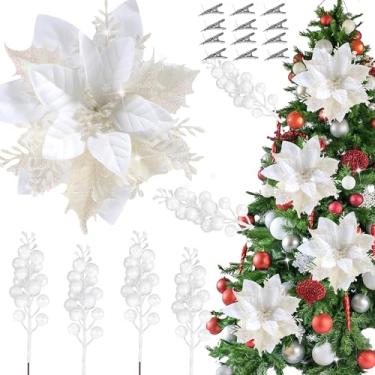 Imagem de 24 peças, decoração de árvore de Natal, flores artificiais de poinsétia com purpurina, 14 cm, 21 cm, caules de bagas com glitter, palitos de árvore de Natal artificiais, para guirlanda de Natal, faça