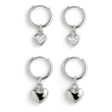 Imagem de AURUM SEMIJOIAS Par de Brincos DUO de Argolas com Pingentes de Corações Lisos e Zircônias, 2 Pares para 2 Furos, Folheados a Prata, Feminino, Presente, Aniversário, Mães, Esposa, Namorada, Semijoias Finas, Estilo Contemporâneo.