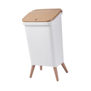 Imagem de MotiveTech Lixeira com pés, recipiente para lixo com tampa de pressão, ideal para armários de cozinha, sala de estar, quarto infantil e escritório, Branco 29x24x55cm