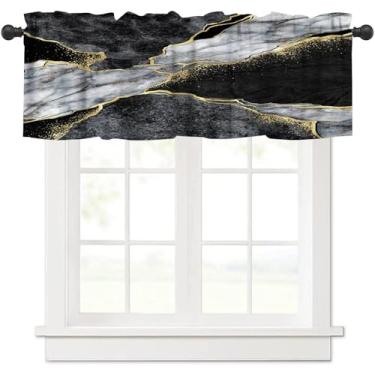 Imagem de VUMIVI Cortinas de saia de mármore dourado preto textura natural arte abstrata impressões vintage decoração de casa bolso varão tratamentos de janela para cozinha, sala de jantar, cafeteria, 137 x 45