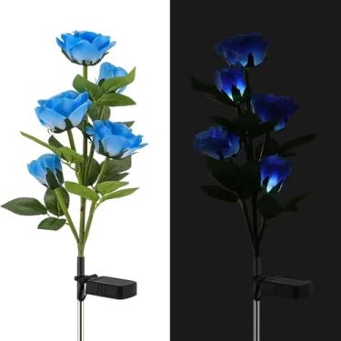 Imagem de Kit Com 6 Luminárias Solares Externas Em Formato De Flor Com 30 Rosas Artificiais Impermeáveis ​​e Reais, Iluminação Decorativa Para Jardim, Pátio, Quintal, Gramado, Caminho E Quintal(Blue)