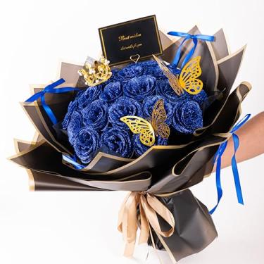 Imagem de Buquê de rosas com glitter, 24 rosas DIY buquê de flores falsas, buquê de rosas artificiais brilhantes eternas, dia dos namorados, aniversário, noivado, casamento, azul