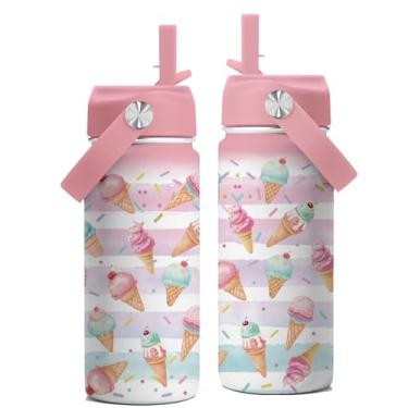 Imagem de FAIVHSO Garrafa de água de sorvete de 473 ml com tampa de palha, copo isolado de aço inoxidável, garrafas de água fofas, presentes temáticos de sorvete para aniversário, Natal