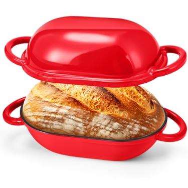 Imagem de Maxdot Forno holandês de ferro fundido esmaltado de 4 qt com tampa, assadeira para pão de fermento, antiaderente, única, com alças de laço para assar pão caseiro de Natal (vermelho)