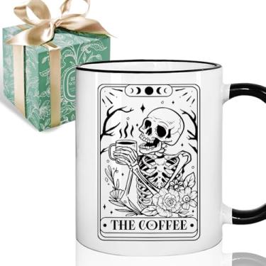 Imagem de Puouoonyi Caneca engraçada de cartão de tarô esqueleto presente para amantes de café 325 ml, presentes de café para mulheres homens, mãe, pai, amigo, colegas de trabalho, caneca de zumbi, copo