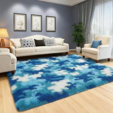 Imagem de AROGAN Tapetes macios e felpudos para quarto de meninas, sala de jogos, 20 x 25 m, tapete fofo fofo de princesa colorido para crianças, adolescentes, berçário, quarto, camuflagem azul e branco