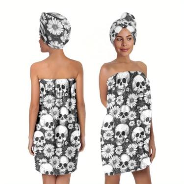 Imagem de YWMAN Conjunto de banho gótico com turbante de cabelo, estampa de margarida de caveira preta e branca, toalha de spa de microfibra, envoltório de banheiro com parte superior elástica