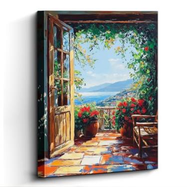 Imagem de WOXZQ Arte de parede de varanda mediterrânea, porta aberta para o mar, decoração de parede costeira, impressão em tela laminada sem moldura, pôster de viagem, para presente de inauguração de casa da