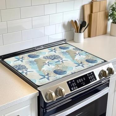 Imagem de Tampa superior de fogão para eletricidade, cobertura de cerâmica de vidro estrela do mar concha coral de praia protetor de fogão plano resistente ao calor, tapetes de secagem de pratos para cozinha