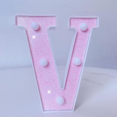 Imagem de Luz LED rosa colorida com letra V – Lâmpada de aniversário/pedido/decoração de festa (bateria não incluída)