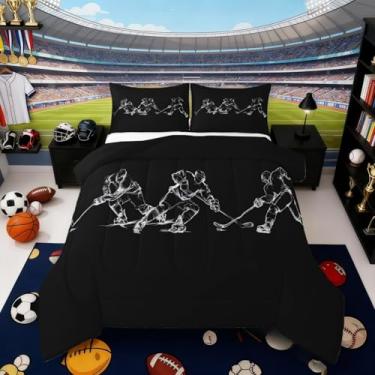 Imagem de Erosebridal Conjunto de edredom infantil de hóquei no gelo, com disco de inverno, jogos esportivos, tamanho solteiro para meninos, adolescentes e adultos, quarto, amantes de hóquei no gelo, edredom