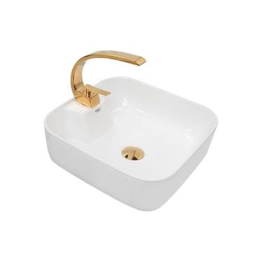 Imagem de Kit Cuba Pia Louça Cerâmica Banheiro C/Torn e Vál Dourada 43