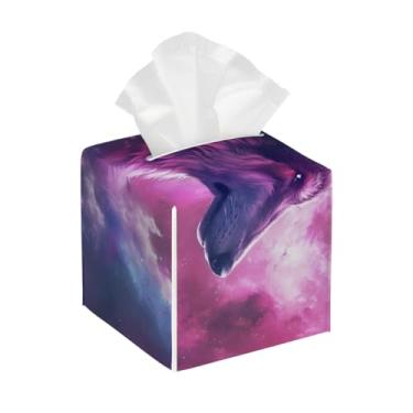 Imagem de Porta-lenços de couro quadrado impermeável lobo animal galáxia roxo organizador de papel facial com cinto inferior cubo estojo de lenços para mesa, banheiro, escritório, mesa, carro, decorativo