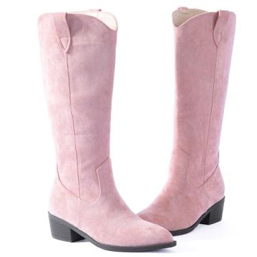 Imagem de N.N.G Botas femininas de cano alto, camurça sintética, preto, marrom, pedra vermelha, rosa, estilo ocidental, salto bloco de 5 cm, bico fino, zíper lateral, botas de inverno modernas para uso casual e