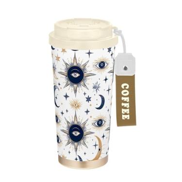 Imagem de SEHANY Caneca de viagem Sol e Lua 482 g Copos de café reutilizáveis revestidos de cerâmica com tampa à prova de vazamento, parede dupla, isolamento a vácuo, copo de café de aço inoxidável para bebidas