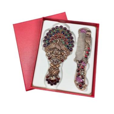 Imagem de Espelho de maquiagem princesa com pente pequeno em relevo pavão conjunto de pente de espelho criativo alça de metal (estilo 1 vermelho)