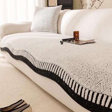 Imagem de Capa de sofá antiarranhões, capa de sofá antiderrapante de linho de algodão luxuosa, design de borda irregular com fundo antiderrapante, quente e respirável, preto 110 x 110