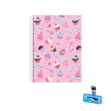 Imagem de Kit Caderno Feminino de 10 Matérias 200 Folhas KBOM + Canetas Esferográficas e Grampeador Alicate Cis