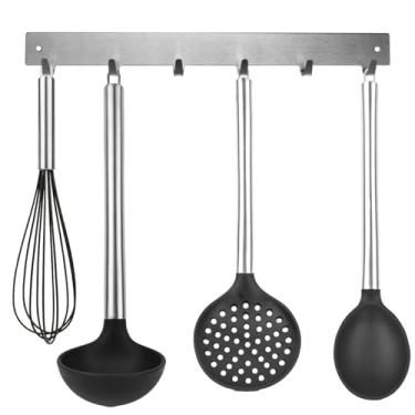 Imagem de Nakagawa Kit Utensílios de Cozinha 5 Peças, Silicone com Cabo Inox Preto, Moderno Elegante, Escumadeira, Colher, Concha, Batedor e Gancho Cabideiro, Manual, Resistente ao Calor